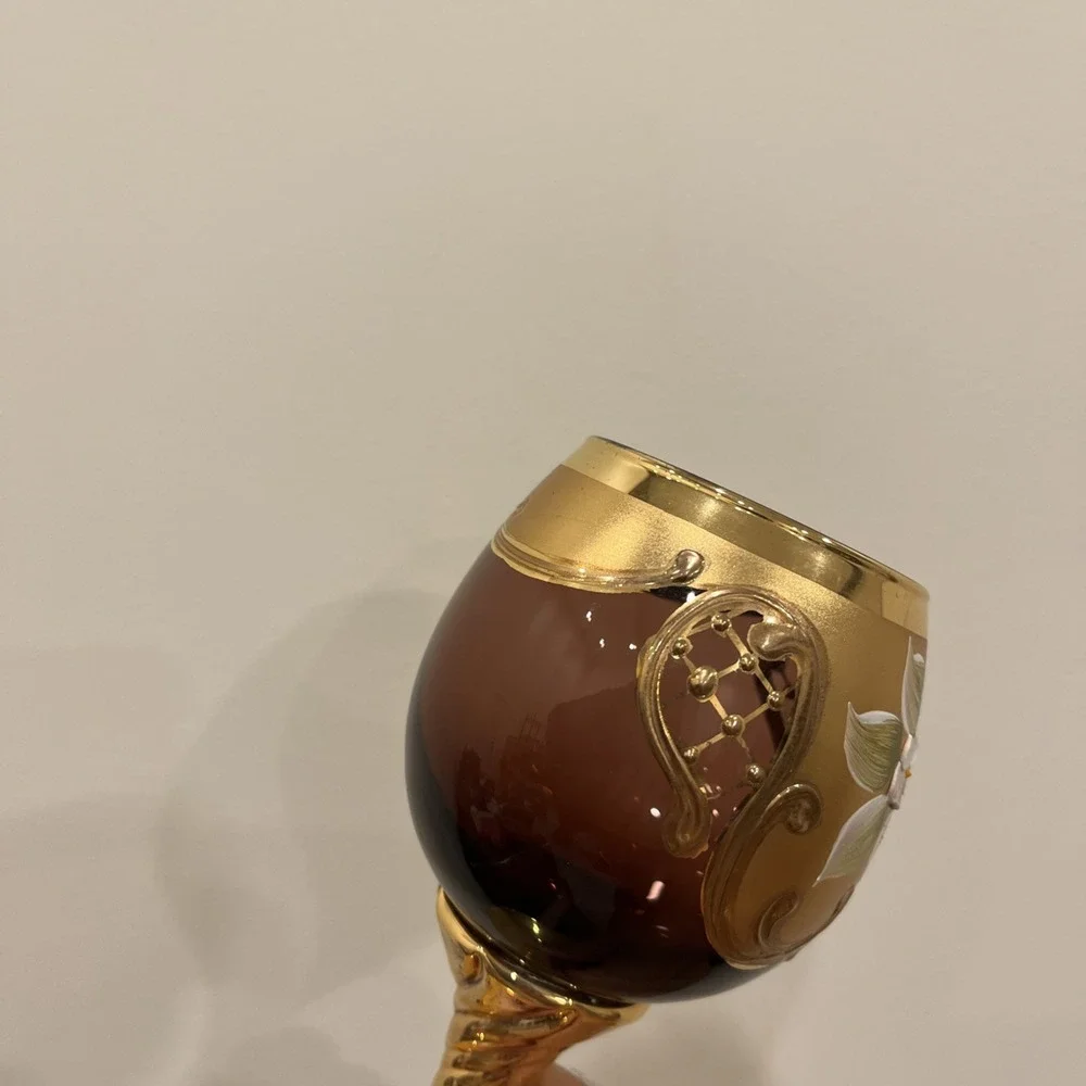 Vtg Tre Fuochi Italian Venetian Murano Glass Amber 24K Gold Floral Decanter Set